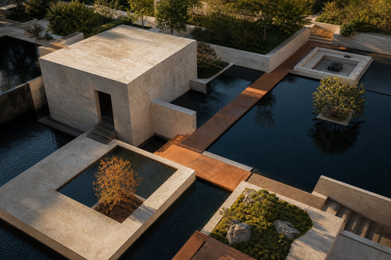 Interlocking stone terraces and pathways representing balanced capital allocation