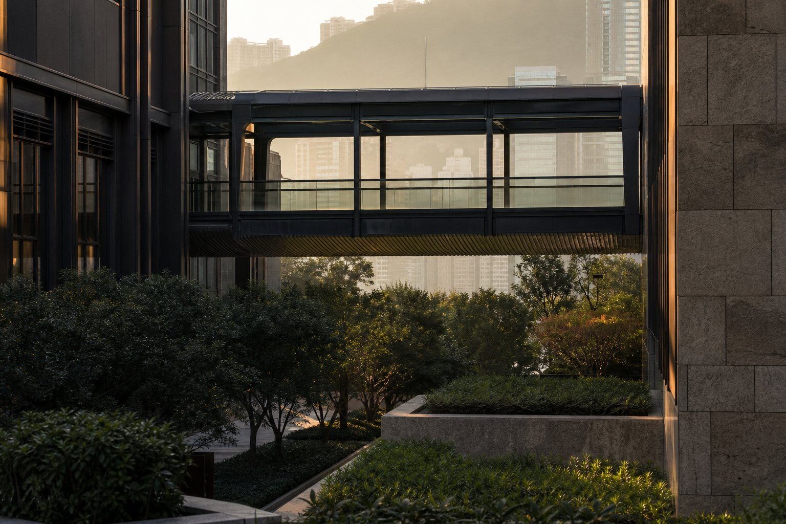A bridge connecting durable buildings above a garden