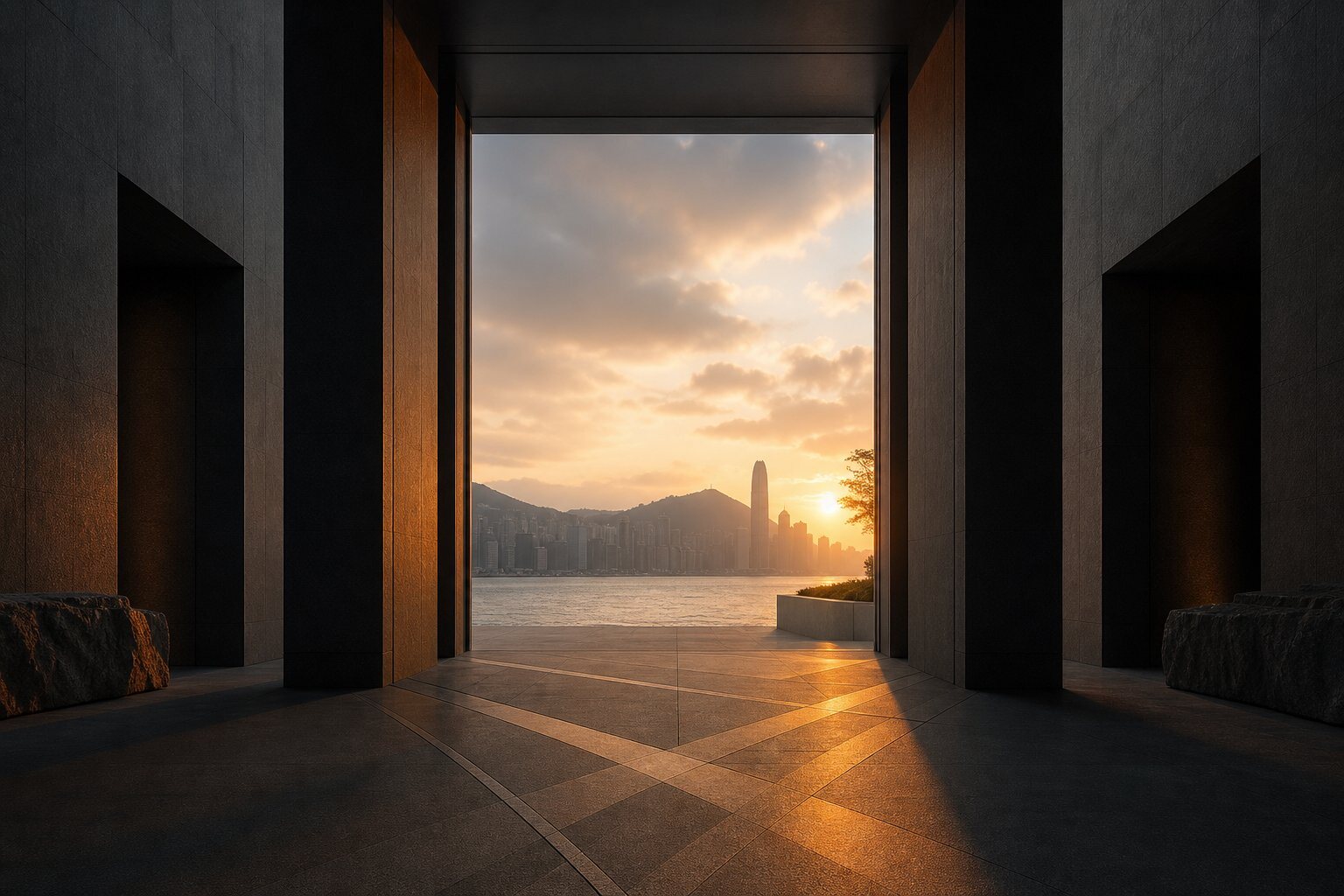 An open architectural threshold looking toward the Hong Kong harbour horizon