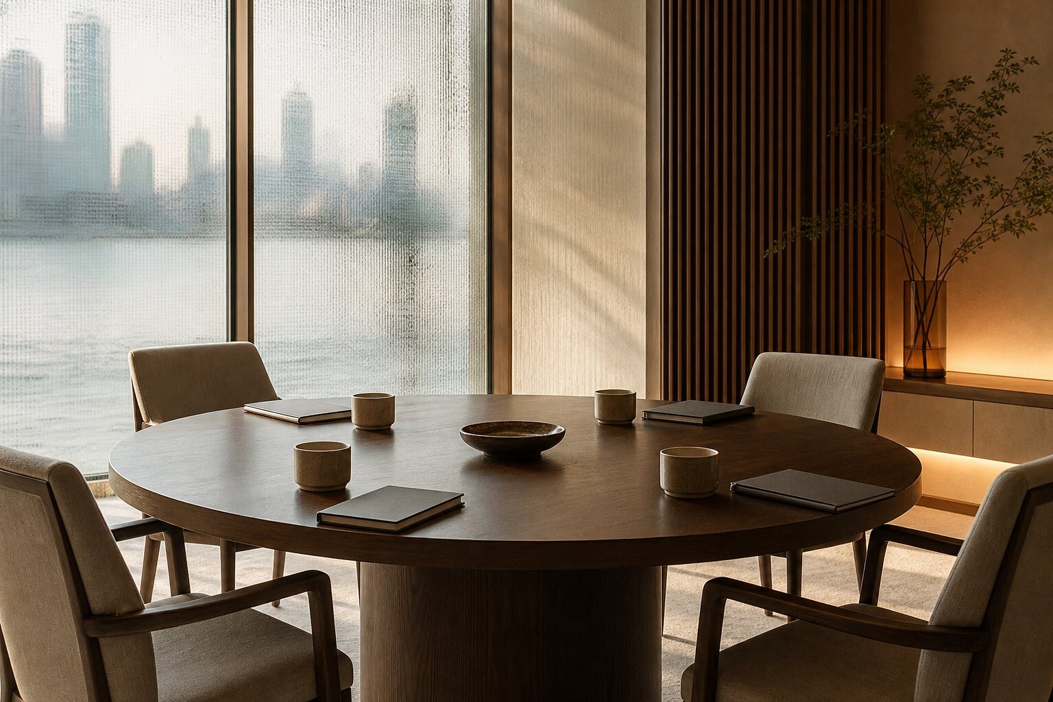 A quiet round table prepared for a trusted exchange of ideas