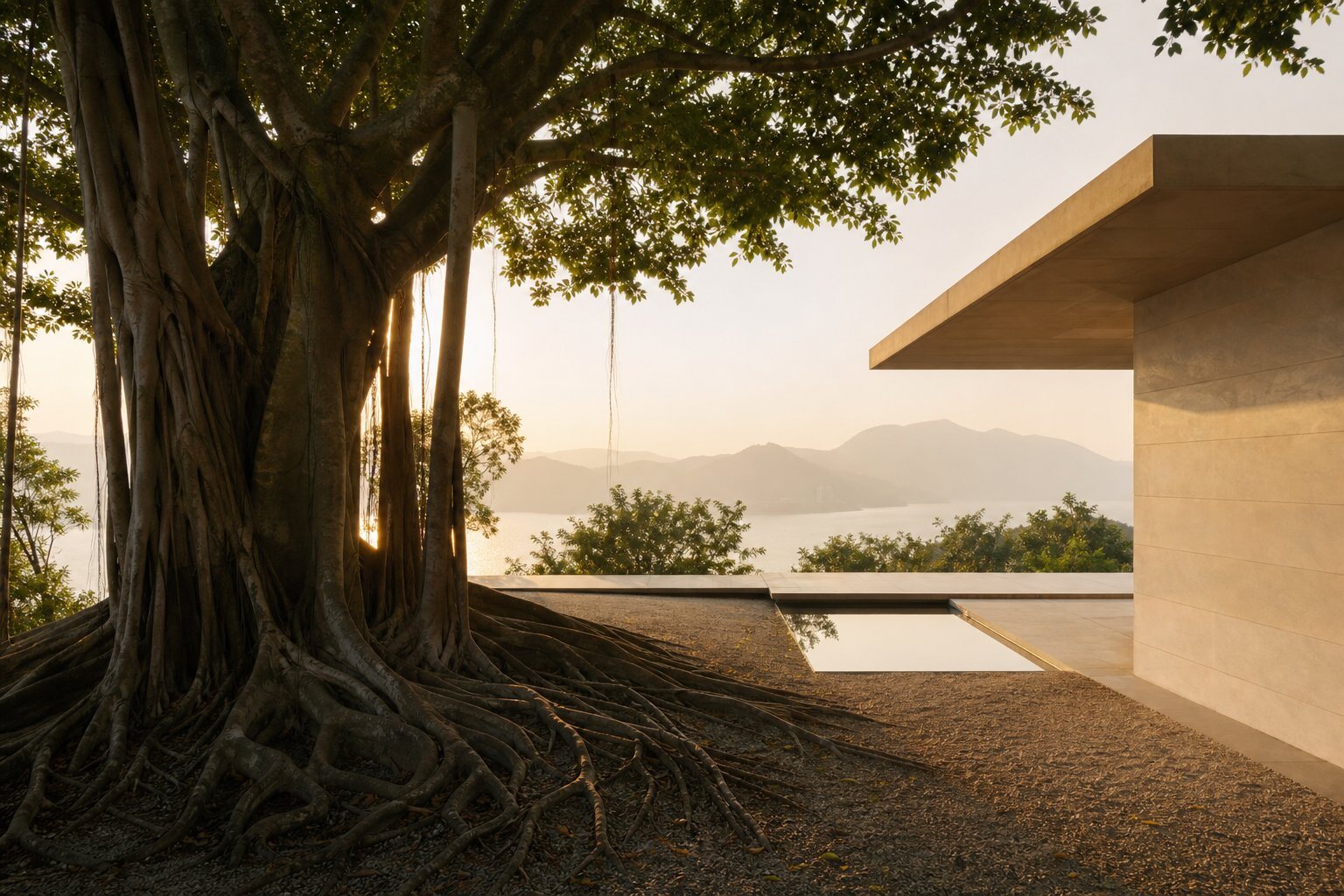A mature banyan tree beside enduring contemporary architecture